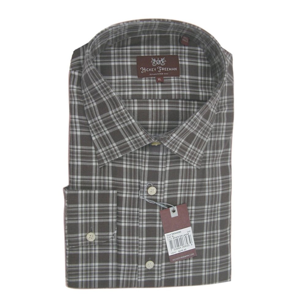 NEW! $245 Hickey Freeman Crisp Button Front Shirt! M L XL Muted Brown Plaid